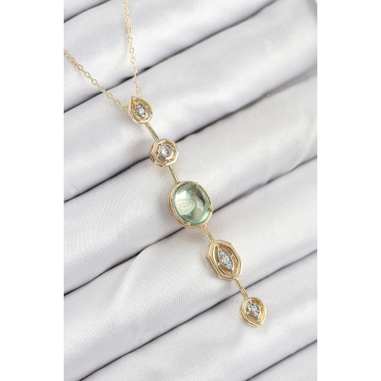 Pirinç Zincir Yeşil Gold Renk Zirkon Taşlı Y Kolye - TJ-BKO10557