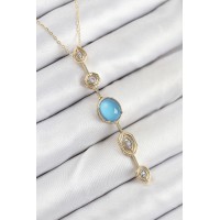 Pirinç Zincir Mavi Gold Renk Zirkon Taşlı Y Kolye TJ-BKO10558