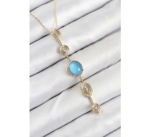 Pirinç Zincir Mavi Gold Renk Zirkon Taşlı Y Kolye - TJ-BKO10558