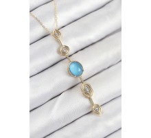 Pirinç Zincir Mavi Gold Renk Zirkon Taşlı Y Kolye - TJ-BKO10558