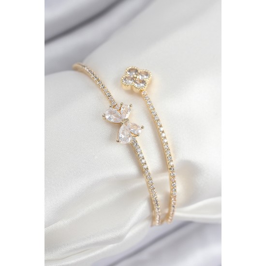 Pirinç Zirkon Taşlı Fiyonk Ve Yonca Model Gold Renk Kadın Bileklik - TJ-BB7851