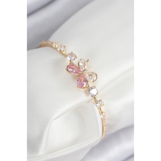 Pirinç Zirkon Taşlı Kelebek Model Gold Renk Kadın Bileklik - TJ-BB7853