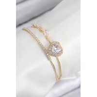 Pirinç Zirkon Taşlı Kalp Model Gold Renk Kadın Bileklik TJ-BB7855