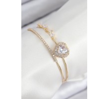 Pirinç Zirkon Taşlı Kalp Model Gold Renk Kadın Bileklik - TJ-BB7855