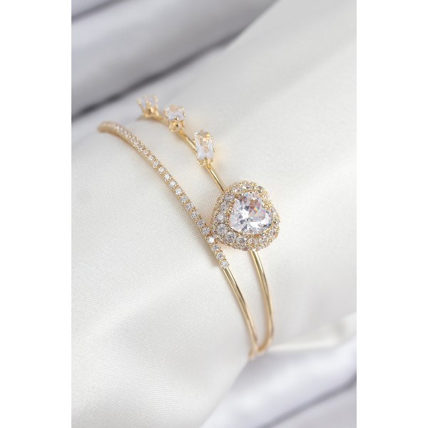 Pirinç Zirkon Taşlı Kalp Model Gold Renk Kadın Bileklik - TJ-BB7855