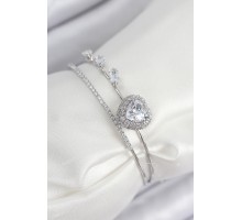 Pirinç Zirkon Taşlı Kalp Model Gümüş Renk Kadın Bileklik - TJ-BB7856