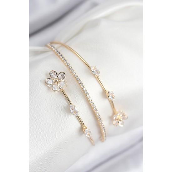 Pirinç Zirkon Taşlı Çiçek Model Gold Renk Kadın Bileklik - TJ-BB7859