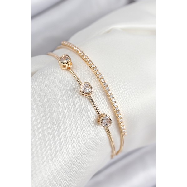 Pirinç Zirkon Taşlı Kalp Model Gold Renk Kadın Bileklik - TJ-BB7861