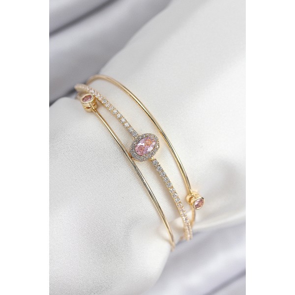 Pirinç Zirkon Taşlı Baget Model Gold Renk Kadın Bileklik - TJ-BB7863