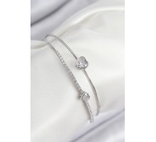 Pirinç Zirkon Taşlı Kalp Model Gümüş Renk Kadın Bileklik - TJ-BB7870