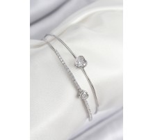 Pirinç Zirkon Taşlı Kalp Model Gümüş Renk Kadın Bileklik - TJ-BB7870