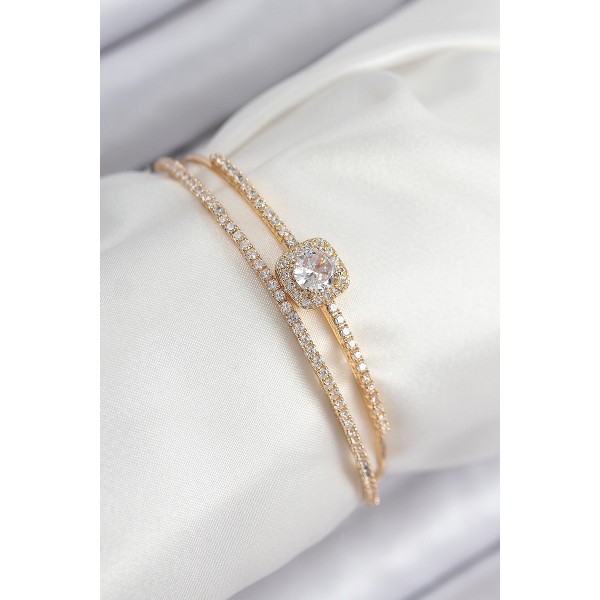 Pirinç Zirkon Taşlı Baget Model Gold Renk Kadın Bileklik - TJ-BB7871