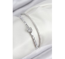 Pirinç Zirkon Taşlı Kalp Model Gümüş Renk Kadın Bileklik - TJ-BB7874