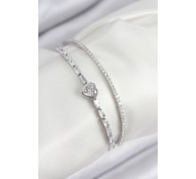 Pirinç Zirkon Taşlı Kalp Model Gümüş Renk Kadın Bileklik - TJ-BB7874