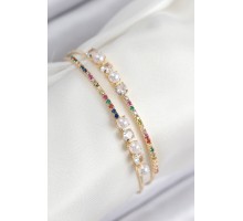 Pirinç Zirkon Taşlı İnci Model Gold Renk Kadın Bileklik - TJ-BB7875