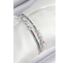 Pirinç Zirkon Taşlı İnci Model Gümüş Renk Kadın Bileklik - TJ-BB7876