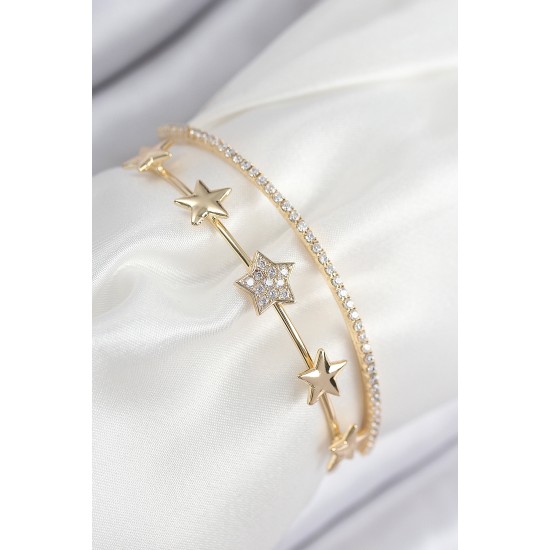 Pirinç Zirkon Taşlı Yıldız Model Gold Renk Kadın Bileklik - TJ-BB7877