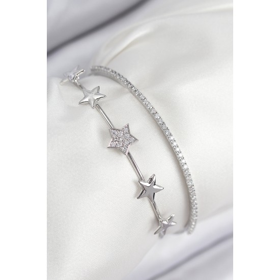 Pirinç Zirkon Taşlı Yıldız Model Gümüş Renk Kadın Bileklik - TJ-BB7878