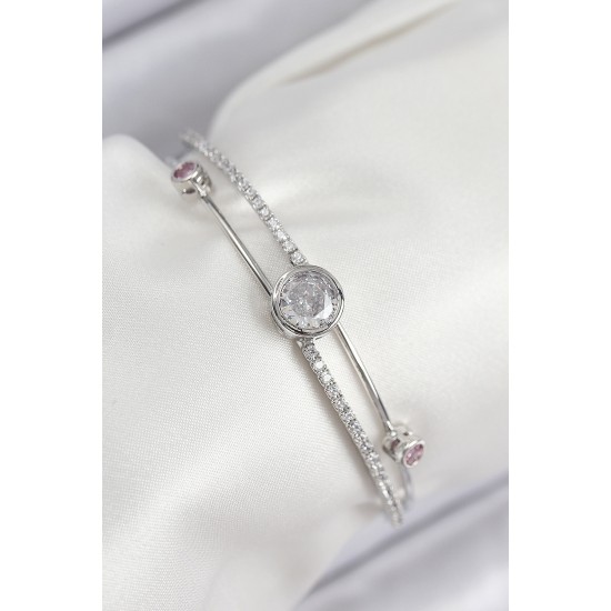 Pirinç Zirkon Taşlı Pırlanta Model Gümüş Renk Kadın Bileklik - TJ-BB7880