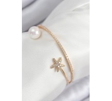 Pirinç Zirkon Taşlı Yıldız Ve İnci Model Gold Renk Kadın Bileklik - TJ-BB7883
