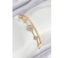 Pirinç Zirkon Taşlı Yonca Model Gold Renk Kadın Bileklik - TJ-BB7885