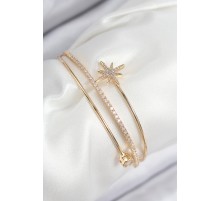 Pirinç Zirkon Taşlı Kutup Yıldızı Model Gold Renk Kadın Bileklik - TJ-BB7887