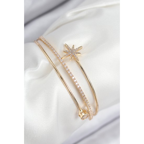 Pirinç Zirkon Taşlı Kutup Yıldızı Model Gold Renk Kadın Bileklik - TJ-BB7887