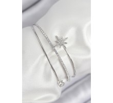 Pirinç Zirkon Taşlı Kutup Yıldızı Model Gümüş Renk Kadın Bileklik - TJ-BB7888