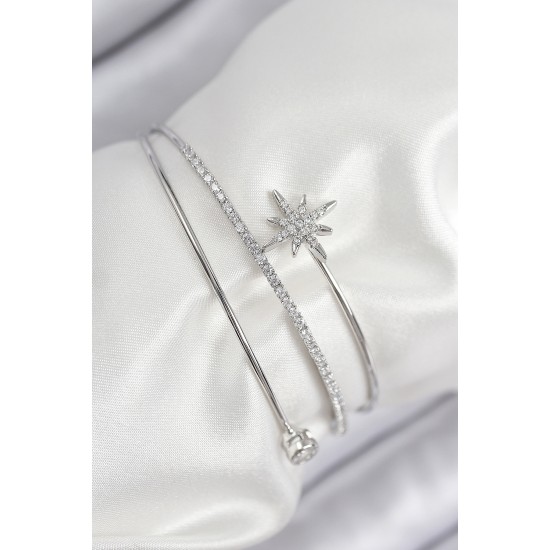 Pirinç Zirkon Taşlı Kutup Yıldızı Model Gümüş Renk Kadın Bileklik - TJ-BB7888