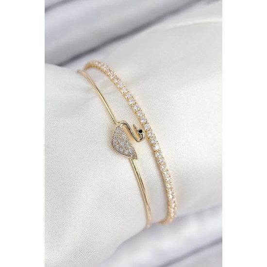 Pirinç Zirkon Taşlı Kuğu Model Gold Renk Kadın Bileklik - TJ-BB7889