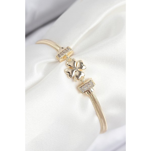 Pirinç Zirkon Taşlı Yonca Model Gold Renk Kadın Bileklik - TJ-BB7897
