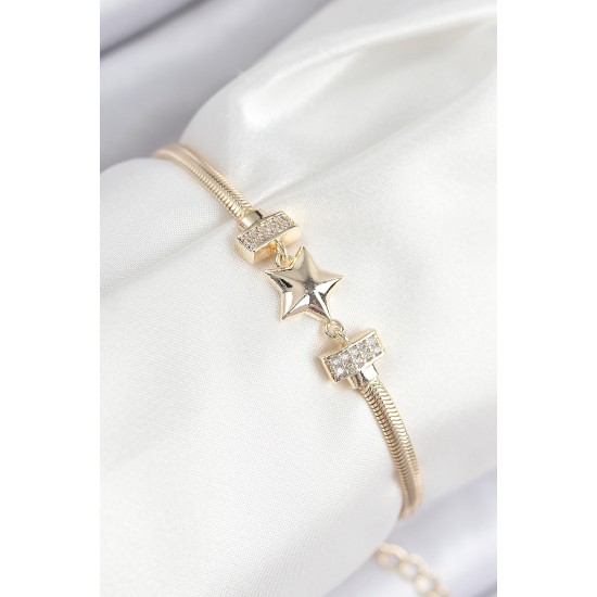 Pirinç Zirkon Taşlı Yıldız Model Gold Renk Kadın Bileklik - TJ-BB7899