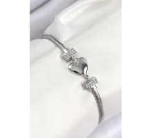 Pirinç Zirkon Taşlı Kalp Model Gümüş Renk Kadın Bileklik - TJ-BB7900