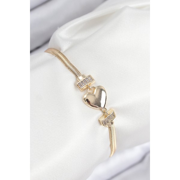 Pirinç Zirkon Taşlı Kalp Model Gold Renk Kadın Bileklik - TJ-BB7901