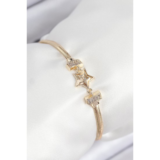 Pirinç Zirkon Taşlı Yıldız Model Gold Renk Kadın Bileklik - TJ-BB7903