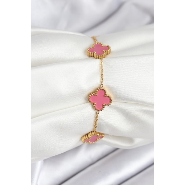 316L Çelik Gold Zincir Pembe Yonca Renk Bileklik - TJ-BB7908