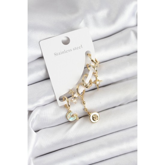 Pirinç Gold Renk Ay Model Kadın Set Küpe - TJ-BKP11219