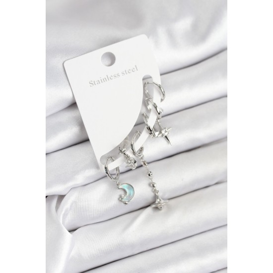 Pirinç Gümüş Renk Ay Model Kadın Set Küpe - TJ-BKP11220