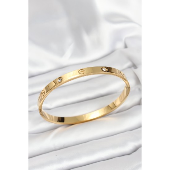 316L Çelik Gold Renk Zirkon Taşlı 65 mm Kadın Kelepçe Bileklik - TJ-BB7911