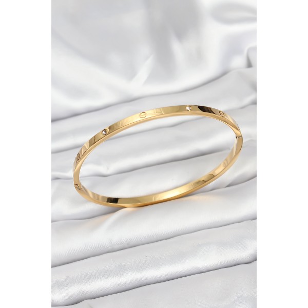 316L Çelik Gold Renk Zirkon Taşlı 65 mm İnce Kadın Kelepçe Bileklik - TJ-BB7914