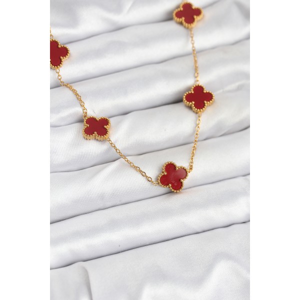 316L Çelik Gold Renk Zincir Bordo Yonca Kadın Kolye - TJ-BKO10565