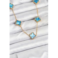 316L Çelik Zincir Gold Buz Mavisi Renk Yonca Kolye TJ-BKO10566