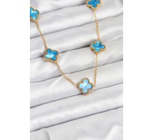 316L Çelik Zincir Gold Buz Mavisi Renk Yonca Kolye - TJ-BKO10566