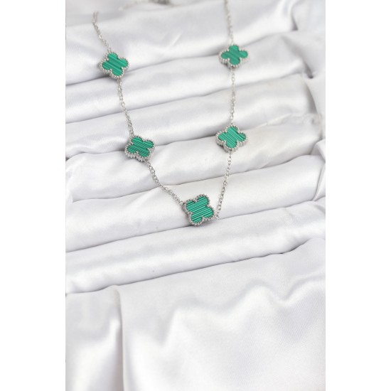 316L Çelik Zincir Gümüş Renk Yeşil Yonca Kadın Kolye - TJ-BKO10568