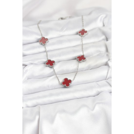 316L Çelik Zincir Gümüş Renk Bordo Renk Yonca Kadın Kolye - TJ-BKO10569