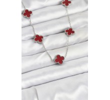 316L Çelik Zincir Gümüş Renk Bordo Renk Yonca Kadın Kolye - TJ-BKO10569