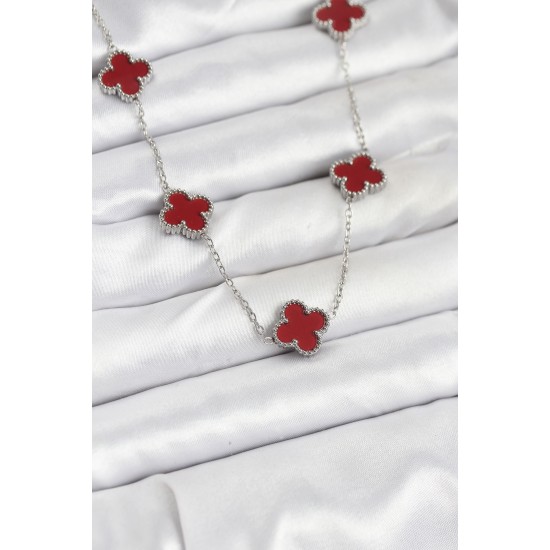 316L Çelik Zincir Gümüş Renk Bordo Renk Yonca Kadın Kolye - TJ-BKO10569