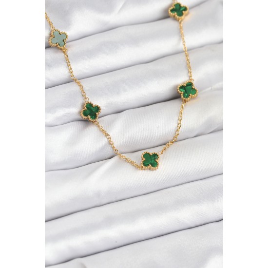 316L Çelik Zincir Gold Renk Yeşil Baby Boy Yonca Kadın Kolye - TJ-BKO10570