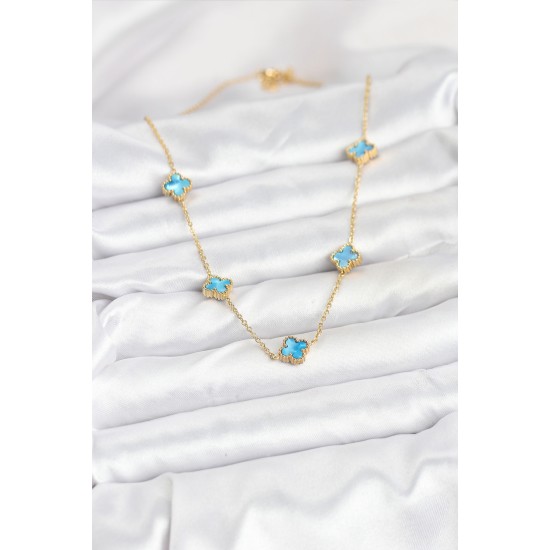 316L Çelik Zincir Gold Renk Buz Mavisi Baby Boy Yonca Kadın Kolye - TJ-BKO10571