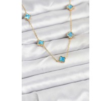 316L Çelik Zincir Gold Renk Buz Mavisi Baby Boy Yonca Kadın Kolye - TJ-BKO10571